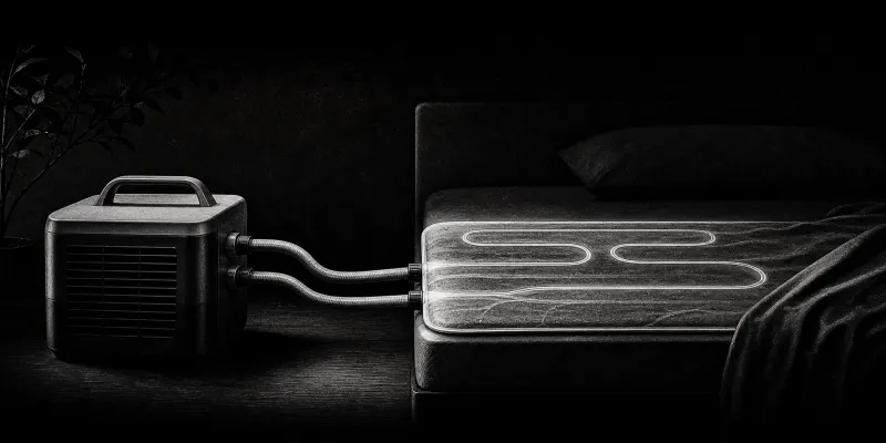 DIY sleep cooling loop beside a bed