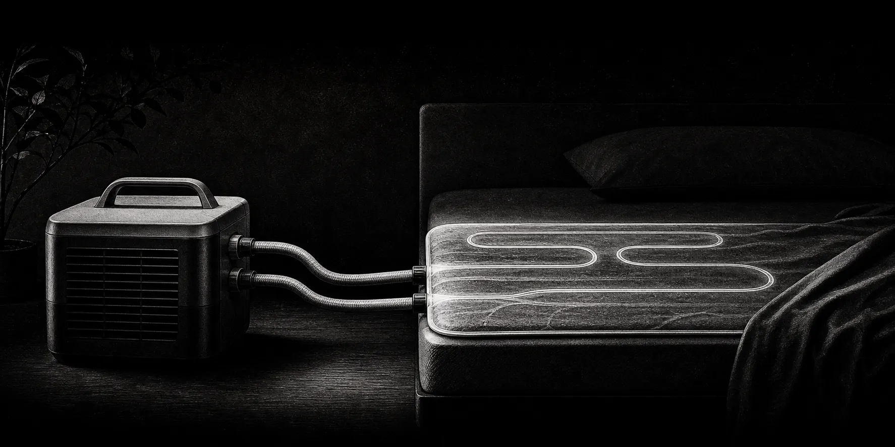 DIY sleep cooling loop beside a bed