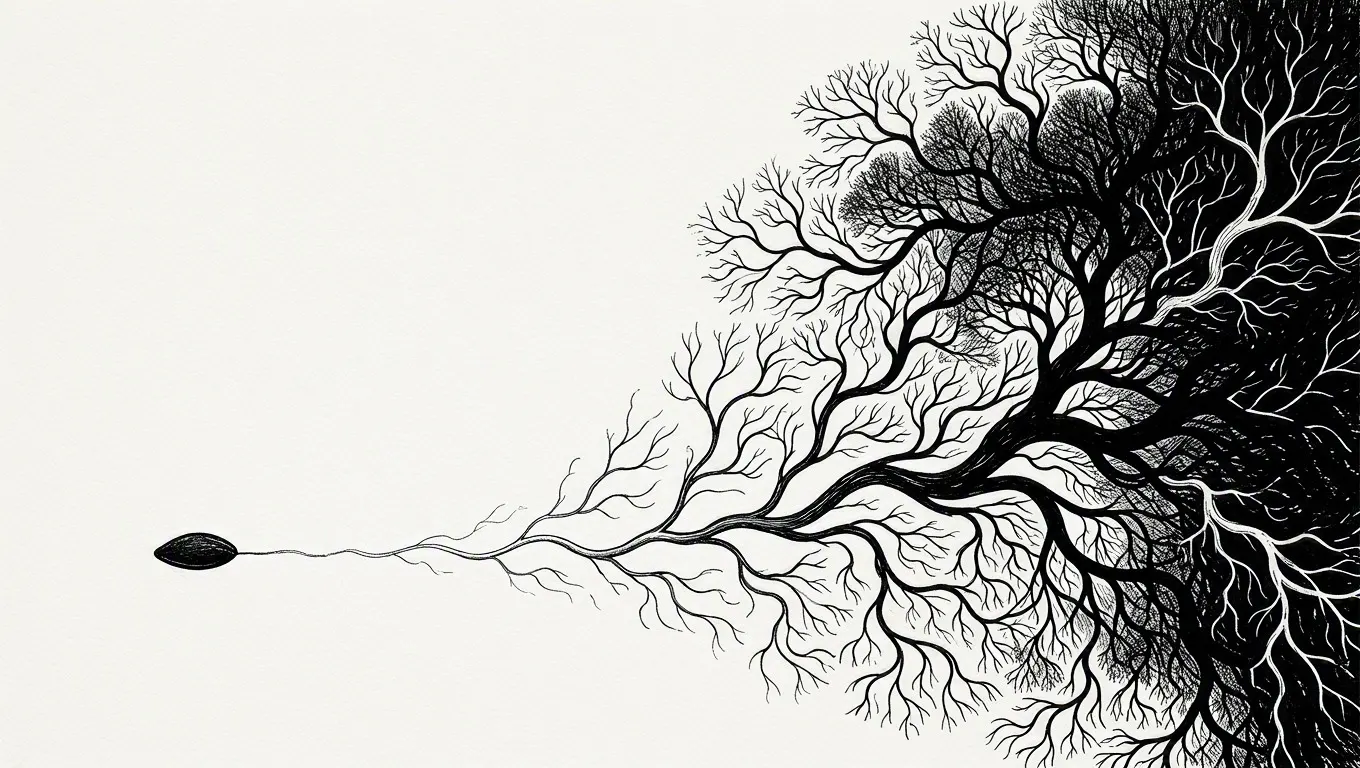 A tiny seed branches sideways into a vast ink-drawn canopy