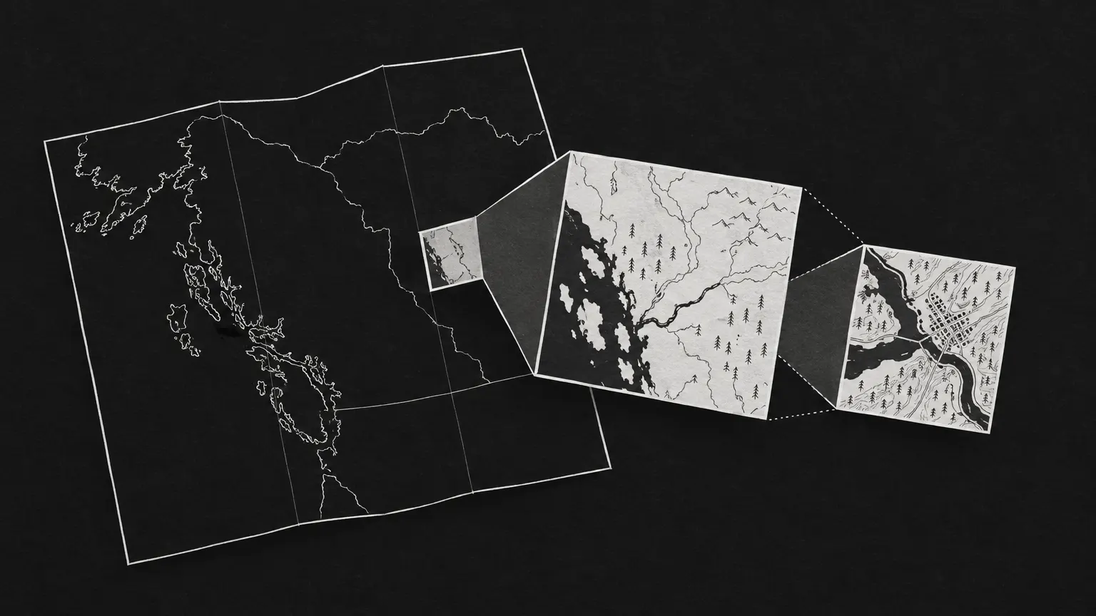 A folded map on black paper, from which a smaller panel unfolds into a more detailed map, and from that panel another with still finer detail