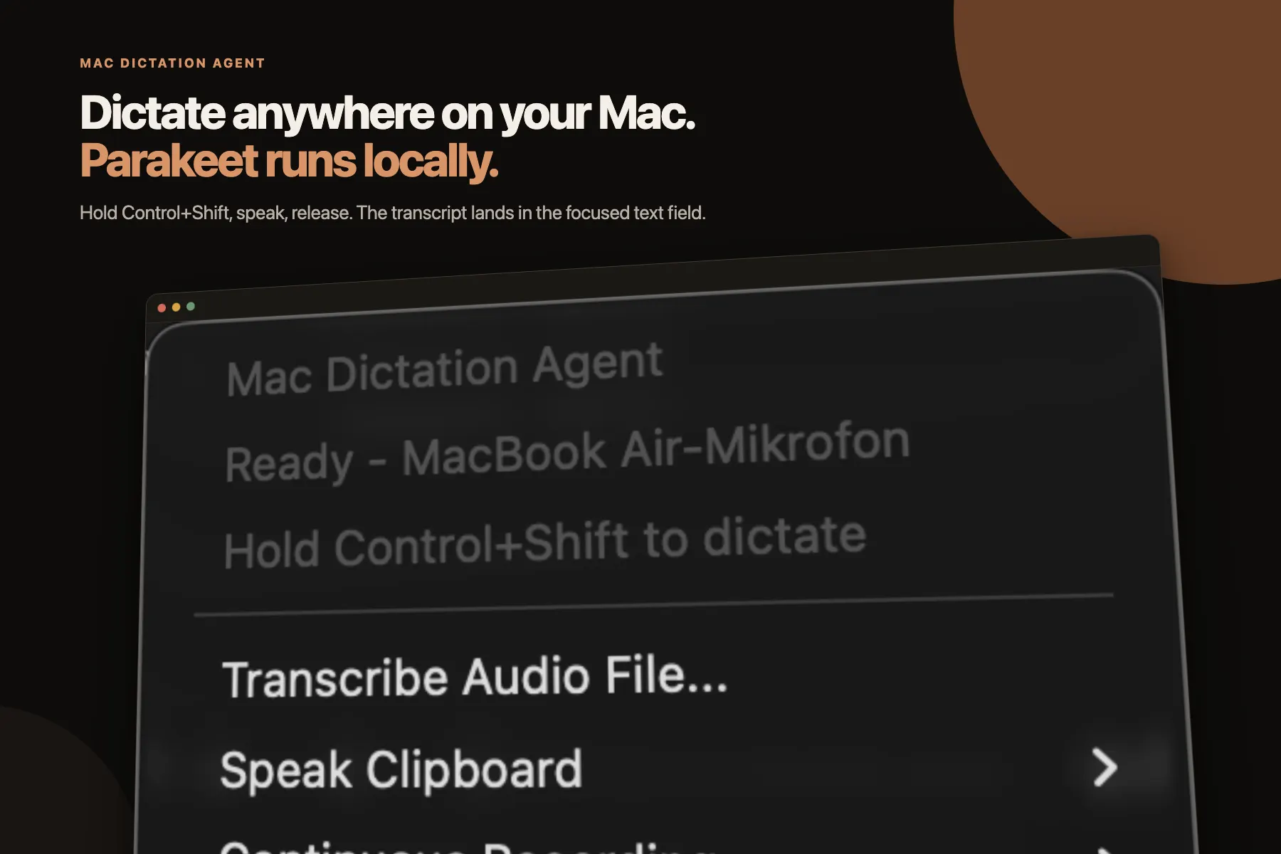 Mac Dictation Agent shown as a small native macOS menu-bar app
